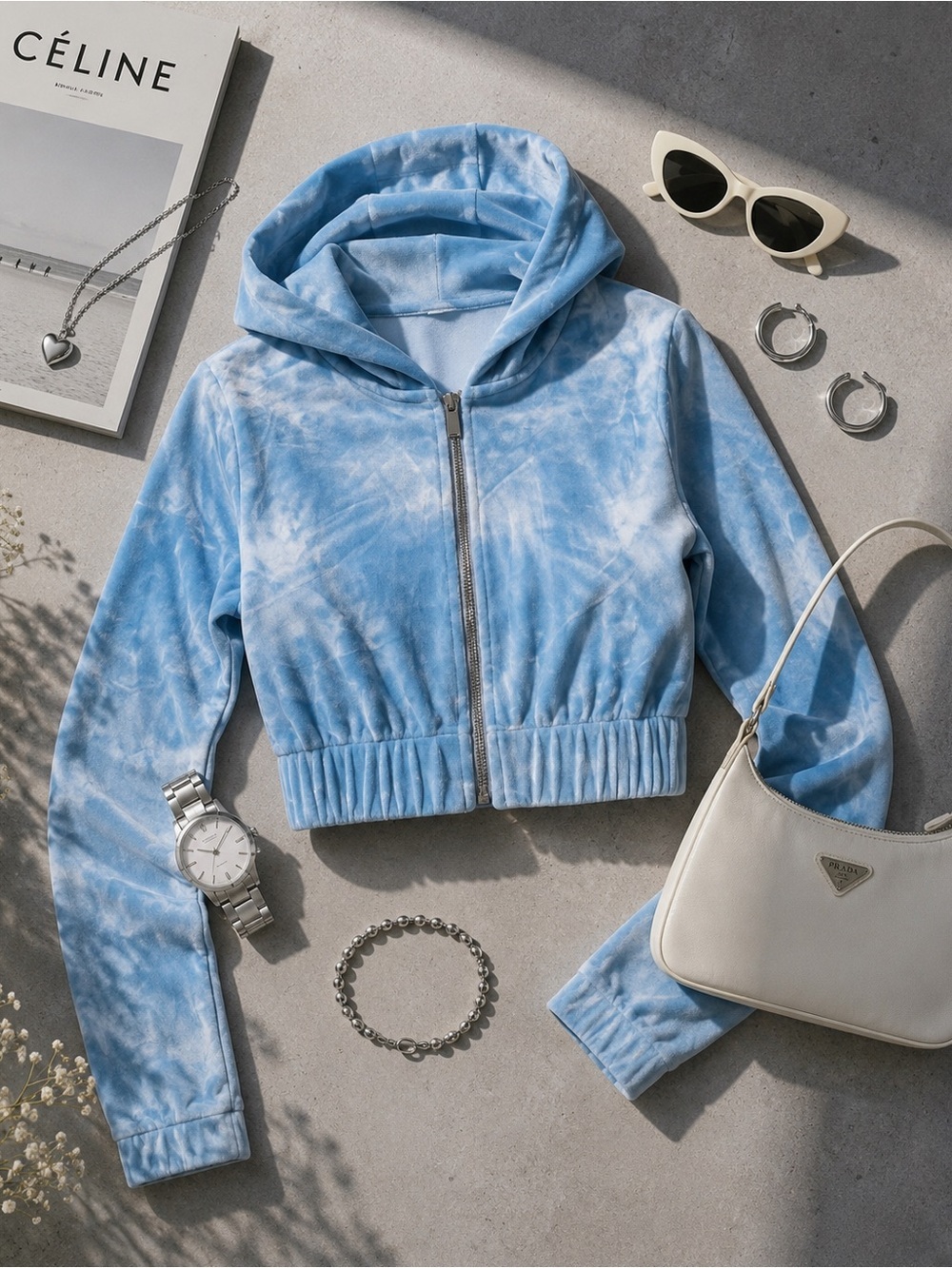 TWIK Y2K Velour Cropped Zip Hoodie Baby Blue | Soft Luxe Lounge Jacket M
